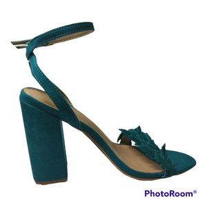 Ann Taylor Loft Blue Suede Fringe Ankle Strap Block Heel Sandals Size 6